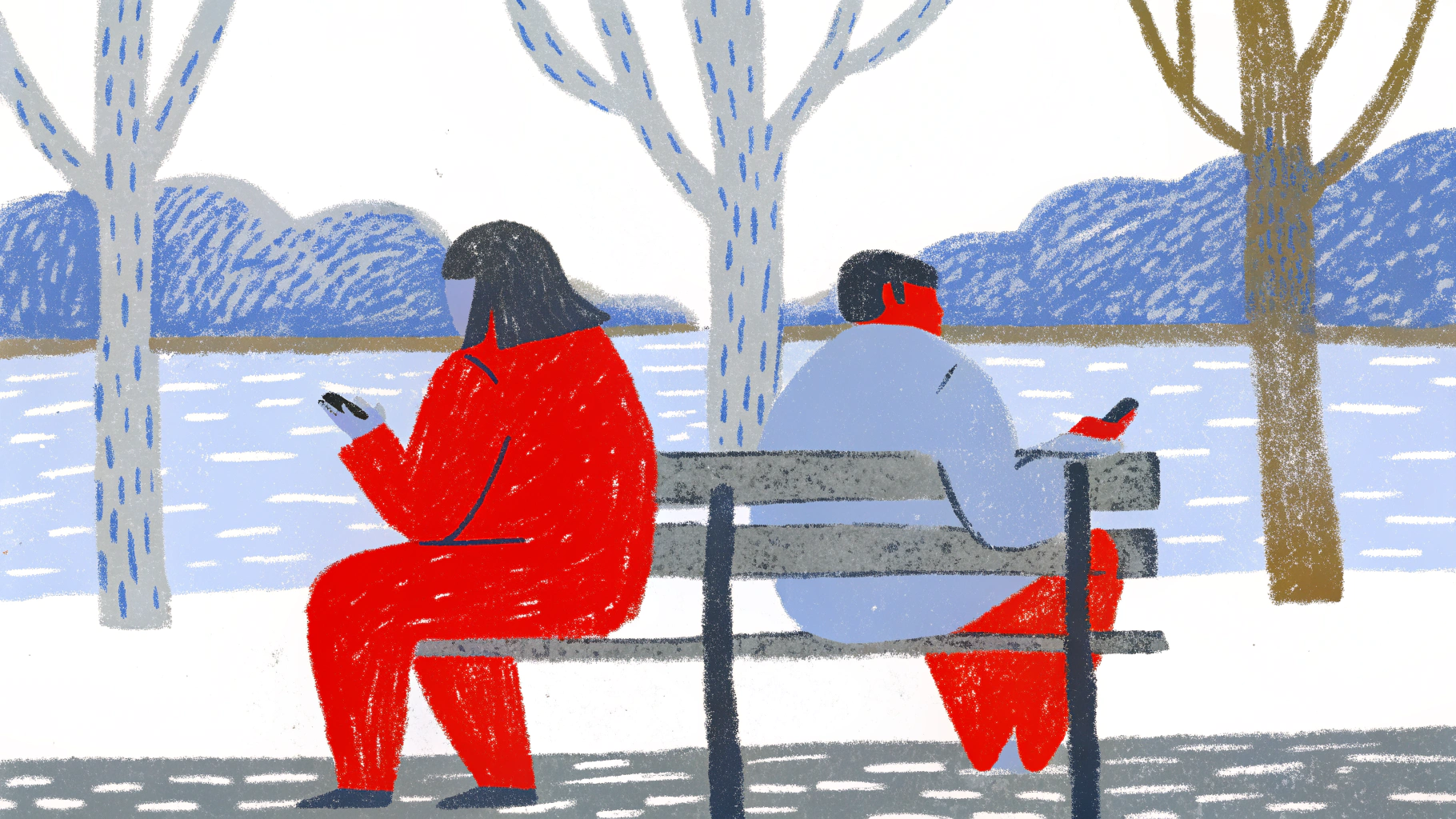 Two people sitting separately on benches with phones, illustrating the emotional distance of routine texting in long-distance relationships