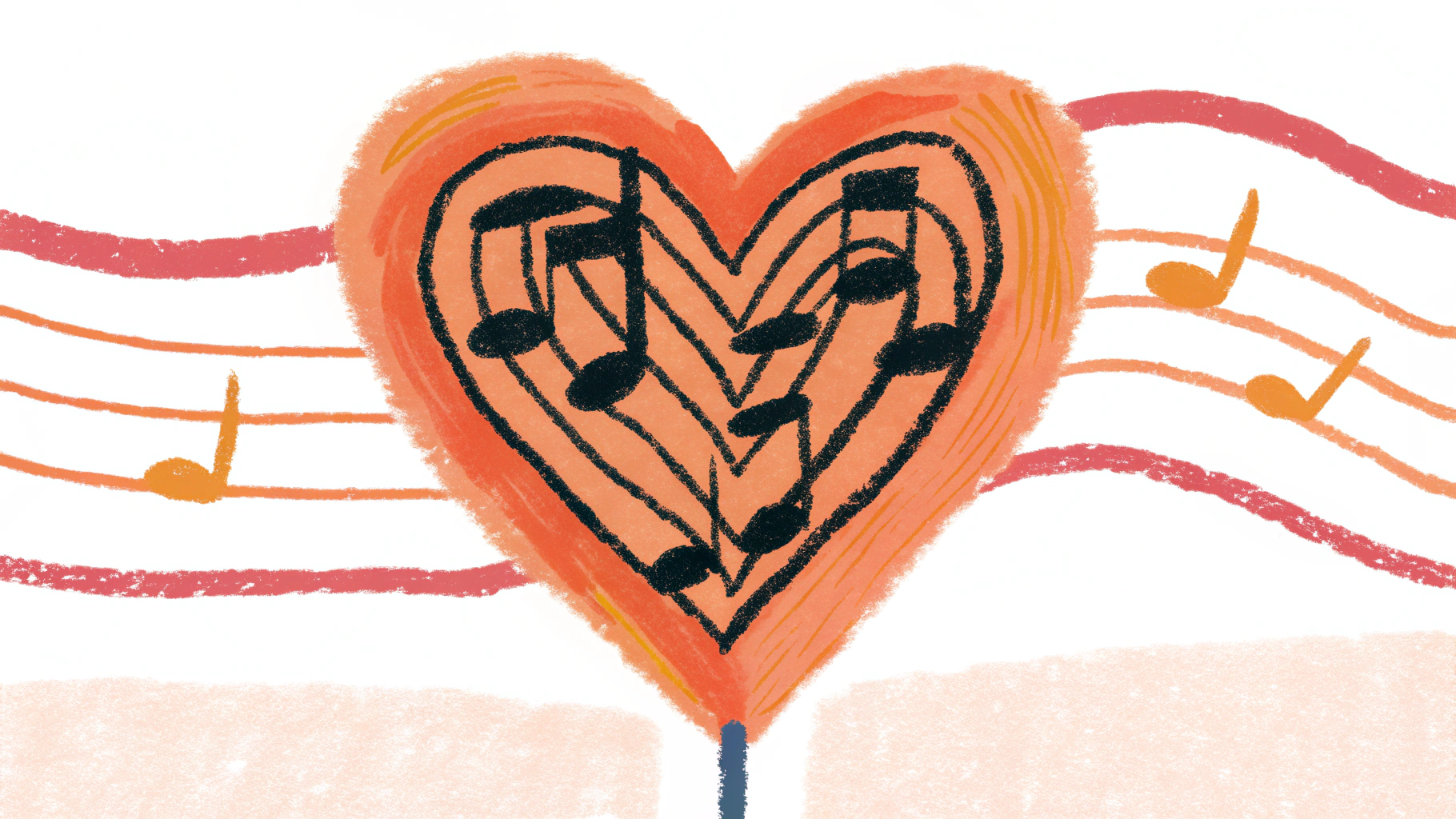 Musical notes forming a heart representing shared playlists and songs that create ongoing connection between long distance partners