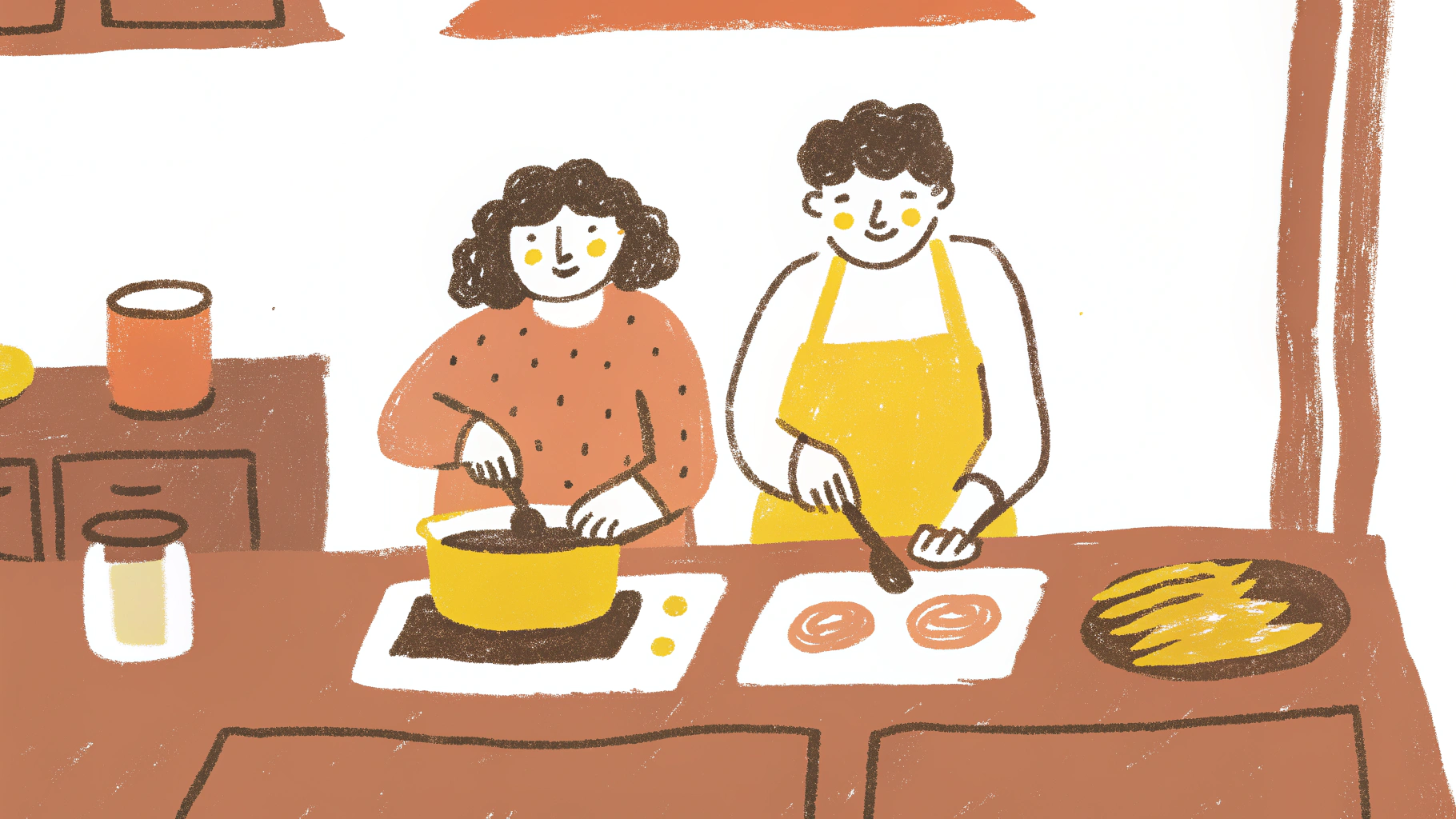 Happy couple cooking together in their separate kitchens, wearing aprons and preparing the same meal