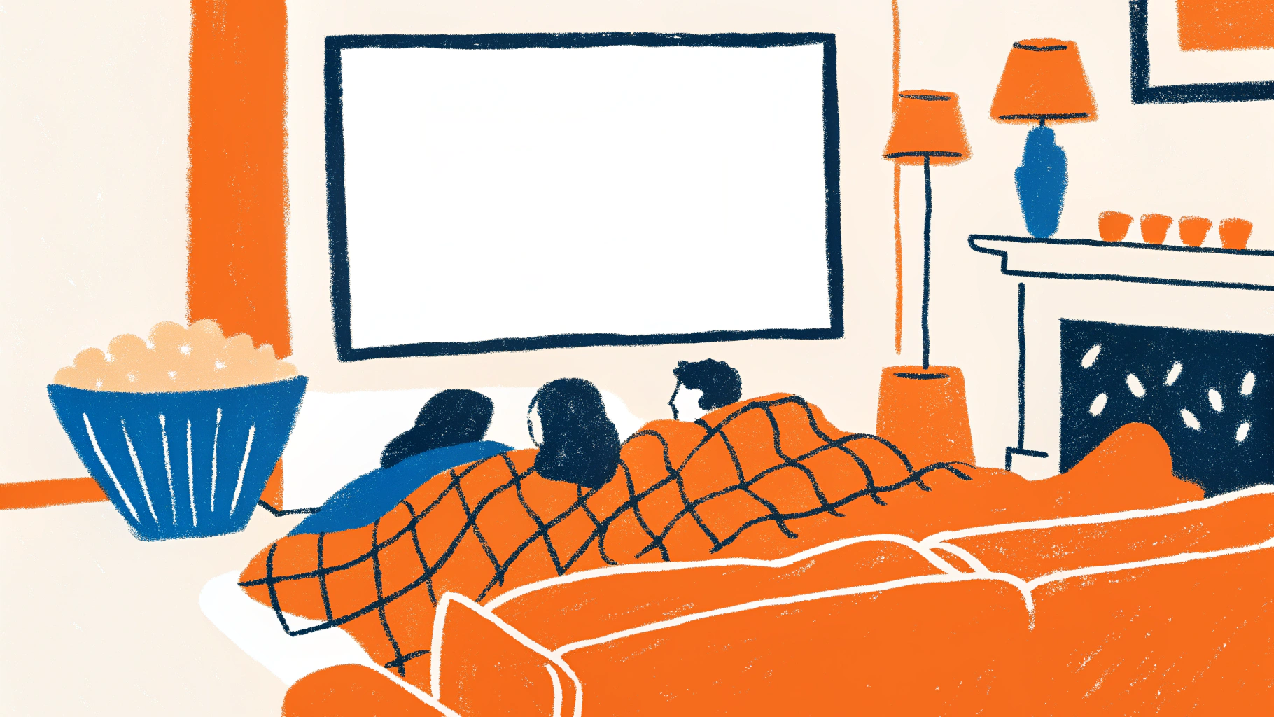 Cozy couple wrapped in blanket watching a movie with popcorn and snacks, warm lighting