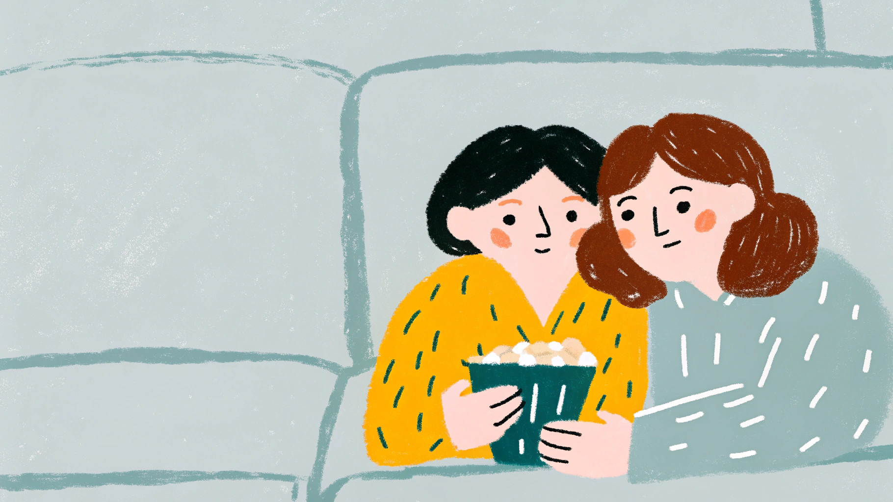 Happy couple sharing popcorn while watching their special show together, connected through screens