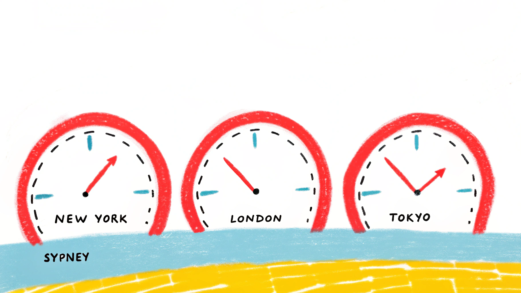 Multiple clocks showing different times across global cities, representing the time zone challenge