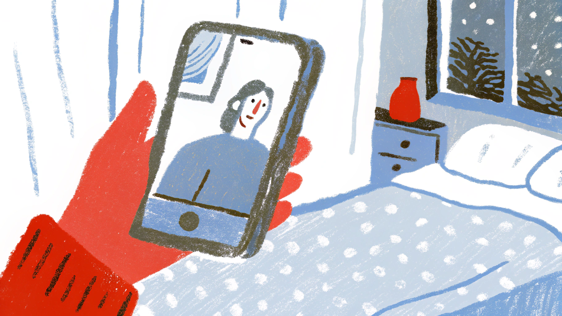 Person in bed at night having a video call with their partner, showing the sacrifice of staying up late