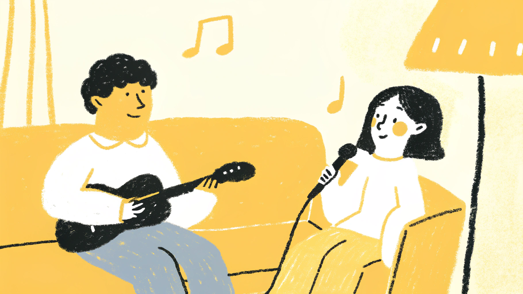 Couple making music together with guitar and singing, hand-drawn illustration