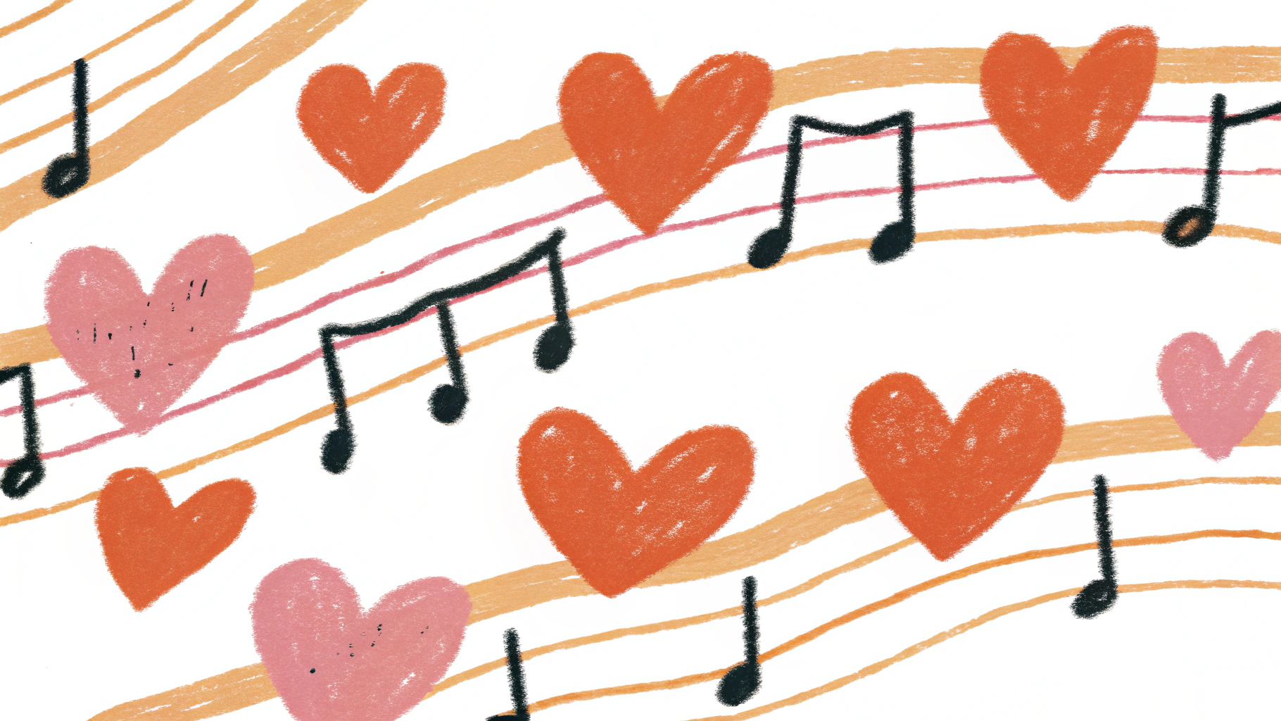 Musical notes and hearts flowing on staff lines, symbolizing shared playlists and musical connection