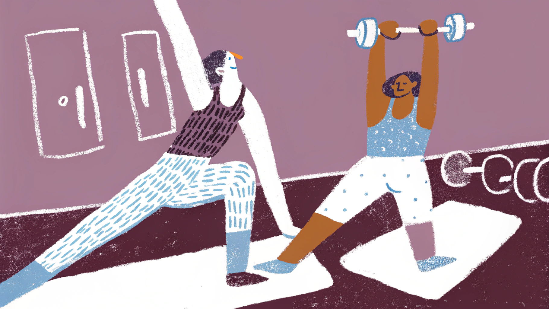 Fitness partners working out together, hand-drawn illustration