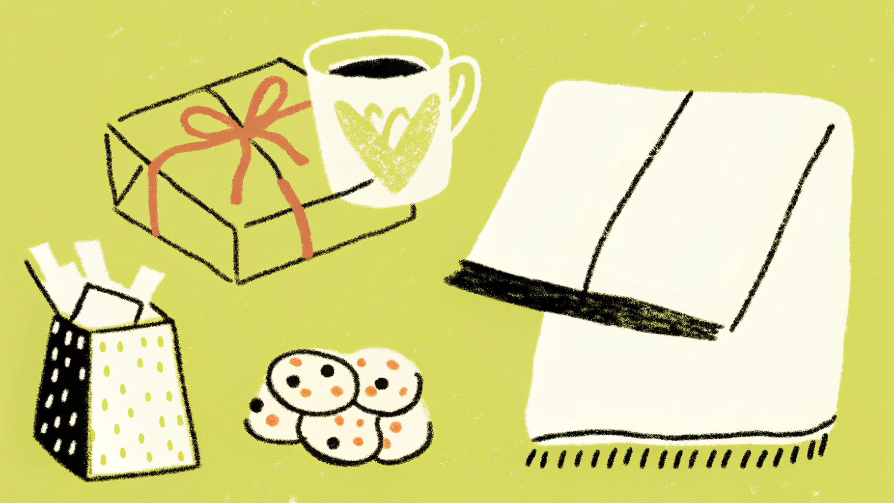 Hand-drawn illustration of cozy care package items including mug, socks, cookies, and journal