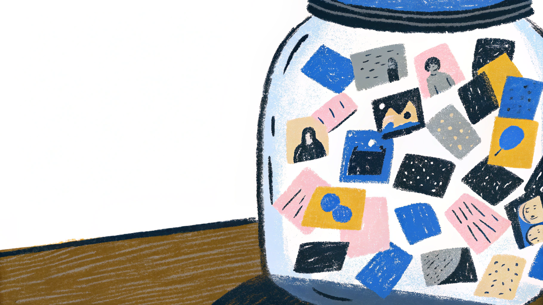 Hand-drawn illustration of a glass jar filled with colorful memory notes and love letters
