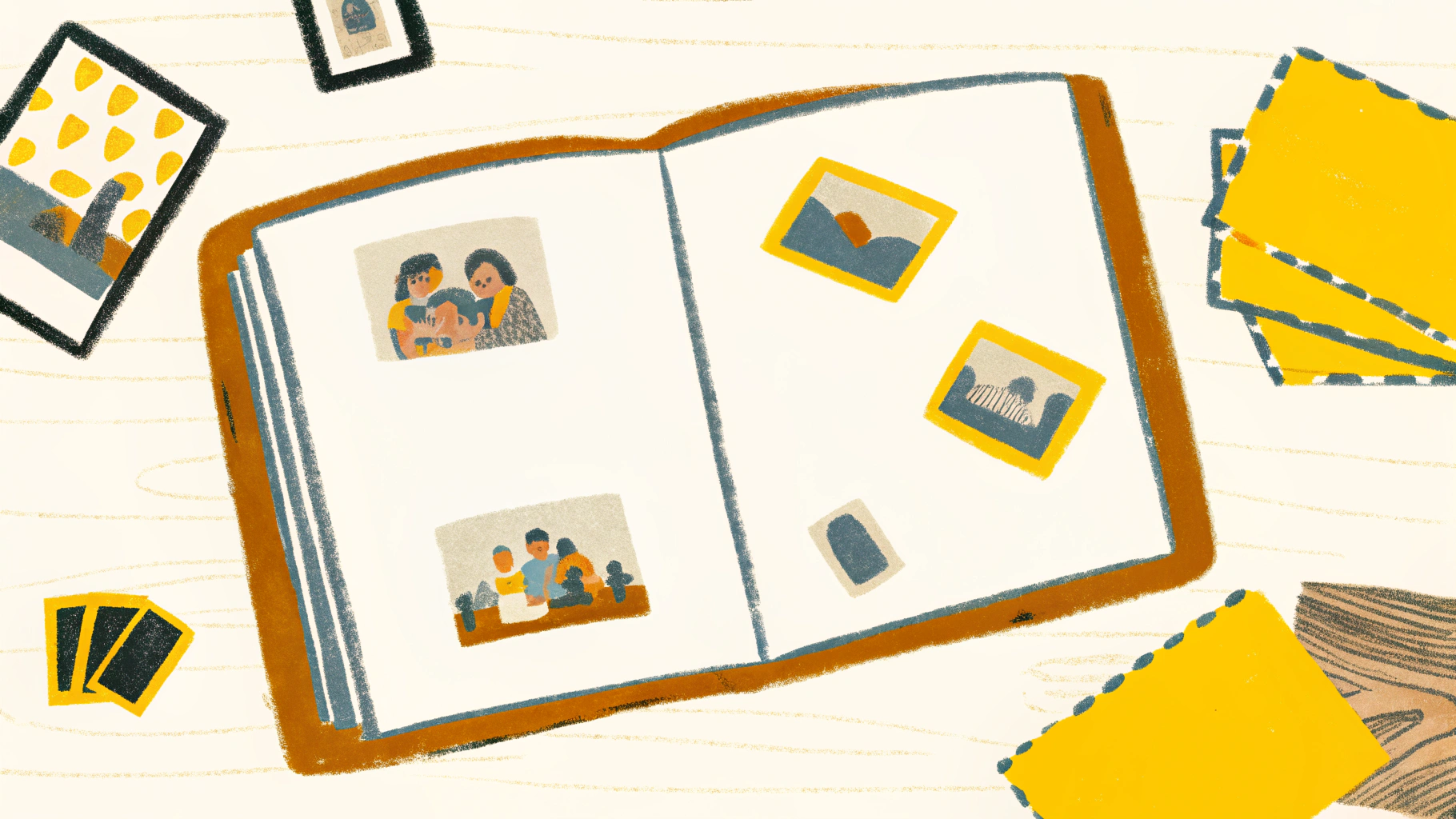 Hand-drawn illustration of photo album and scattered photos representing shared memories
