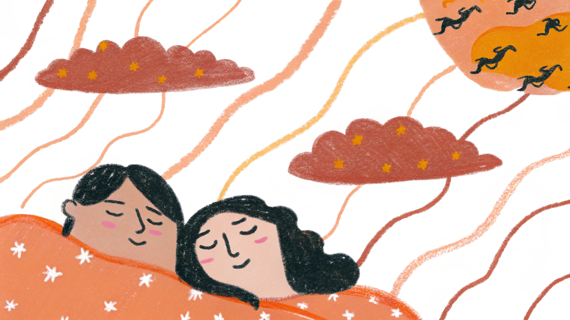 Dreamlike illustration of couple peacefully imagining their shared future, floating among clouds and possibilities, representing aspirational planning and bucket list dreams