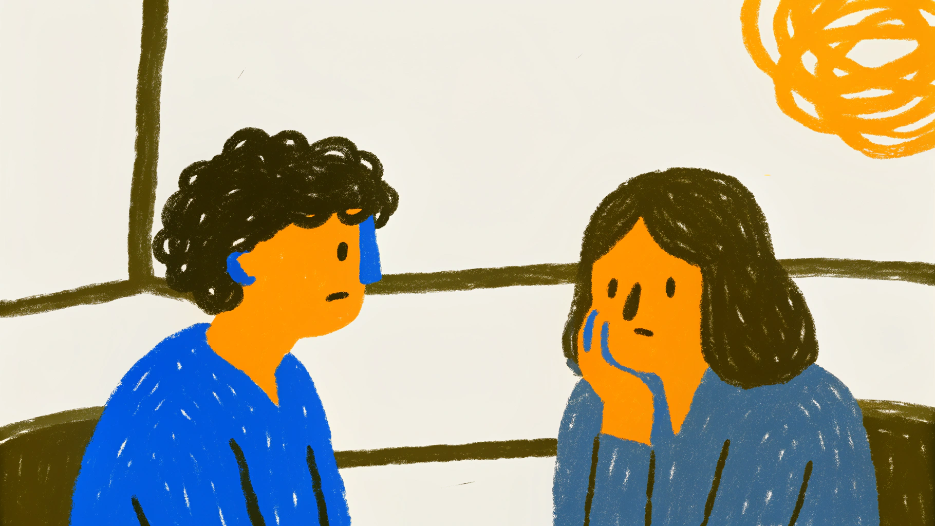 Hand-drawn illustration of a couple having a difficult conversation, both showing emotion and working through conflict together