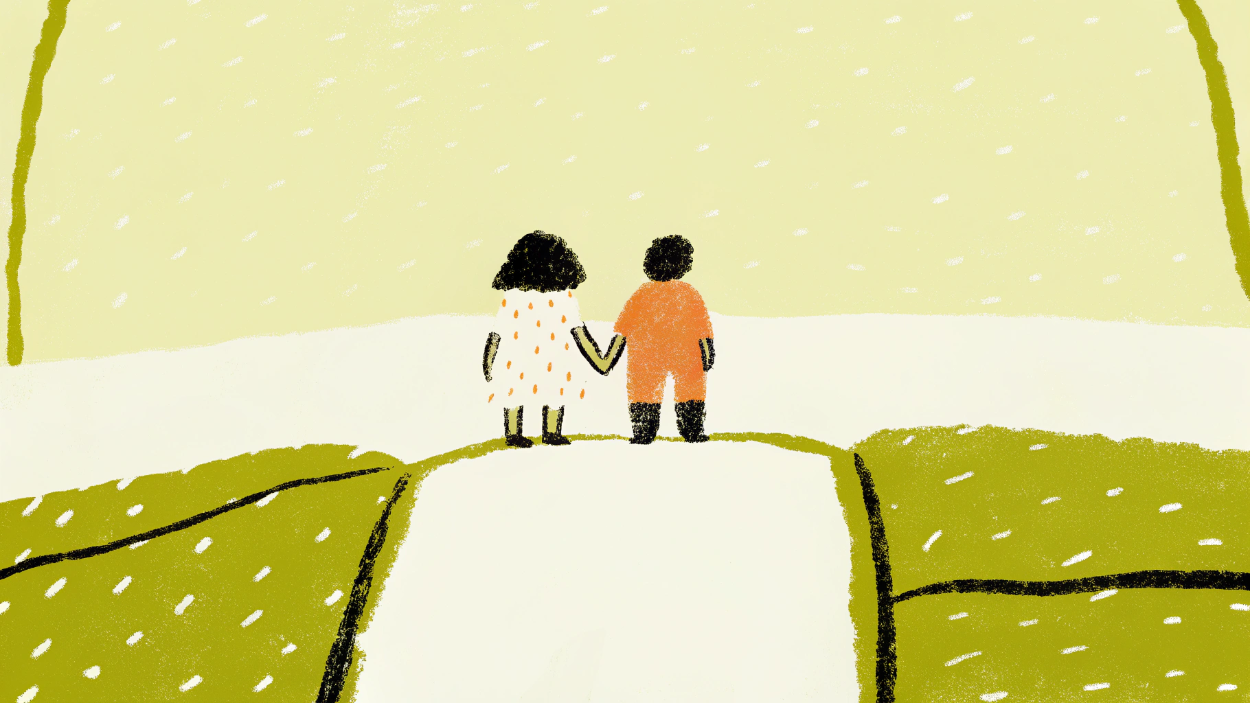 Hand-drawn illustration of a couple standing together united, holding hands and facing forward, symbolizing defending their love against outside pressure