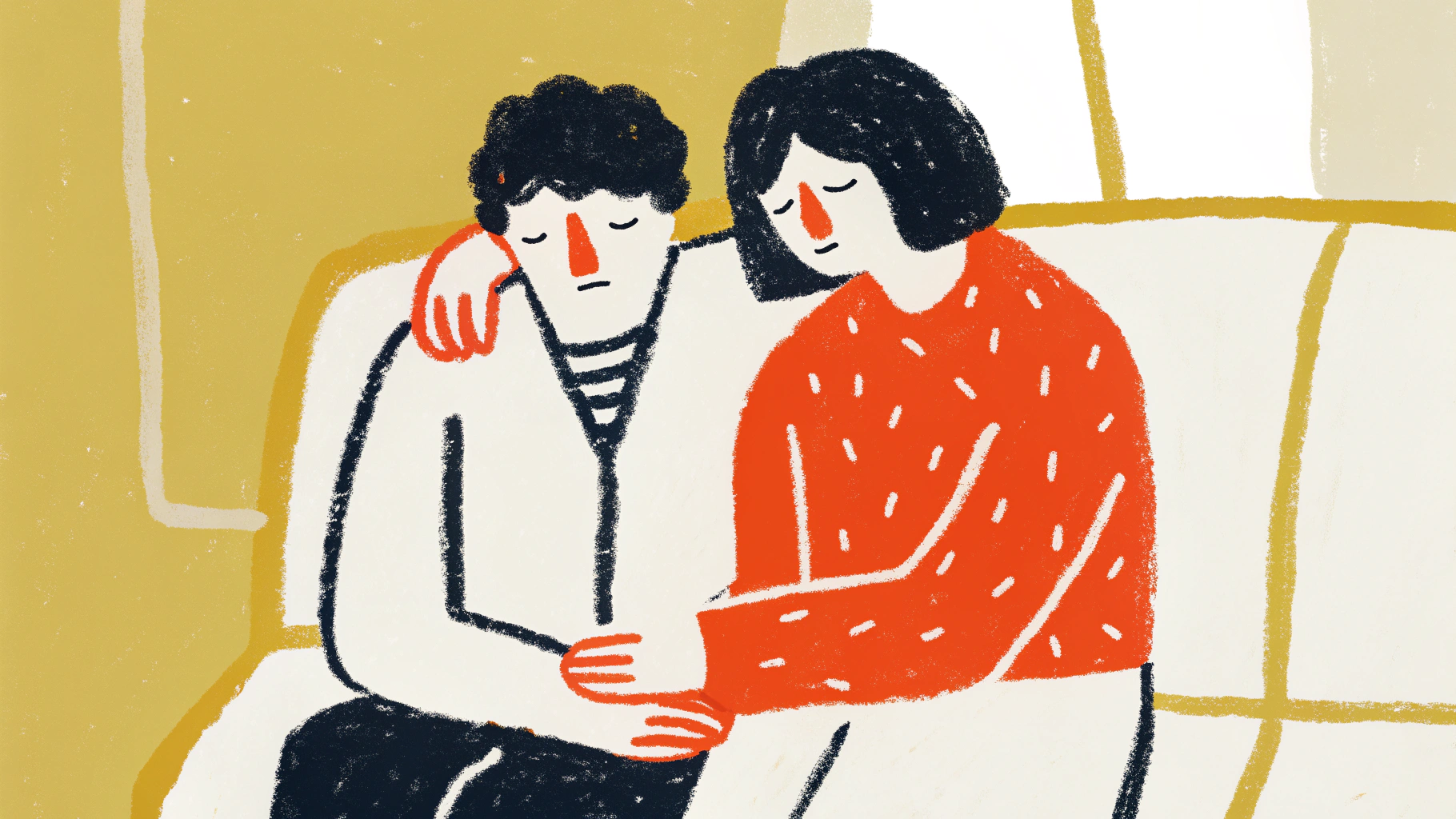 Hand-drawn illustration of one partner comforting and supporting the other during a difficult time, showing empathy and emotional support through imbalance