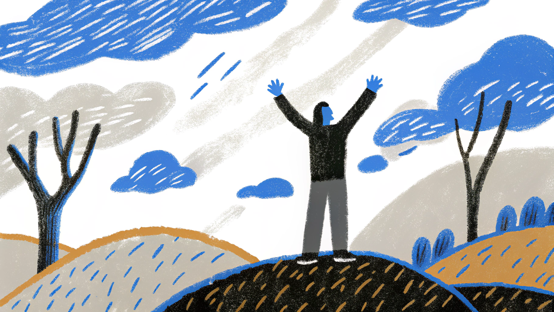 Hand-drawn illustration of a person standing solo on a hill with arms raised joyfully, celebrating personal independence, growth, and happiness outside the relationship