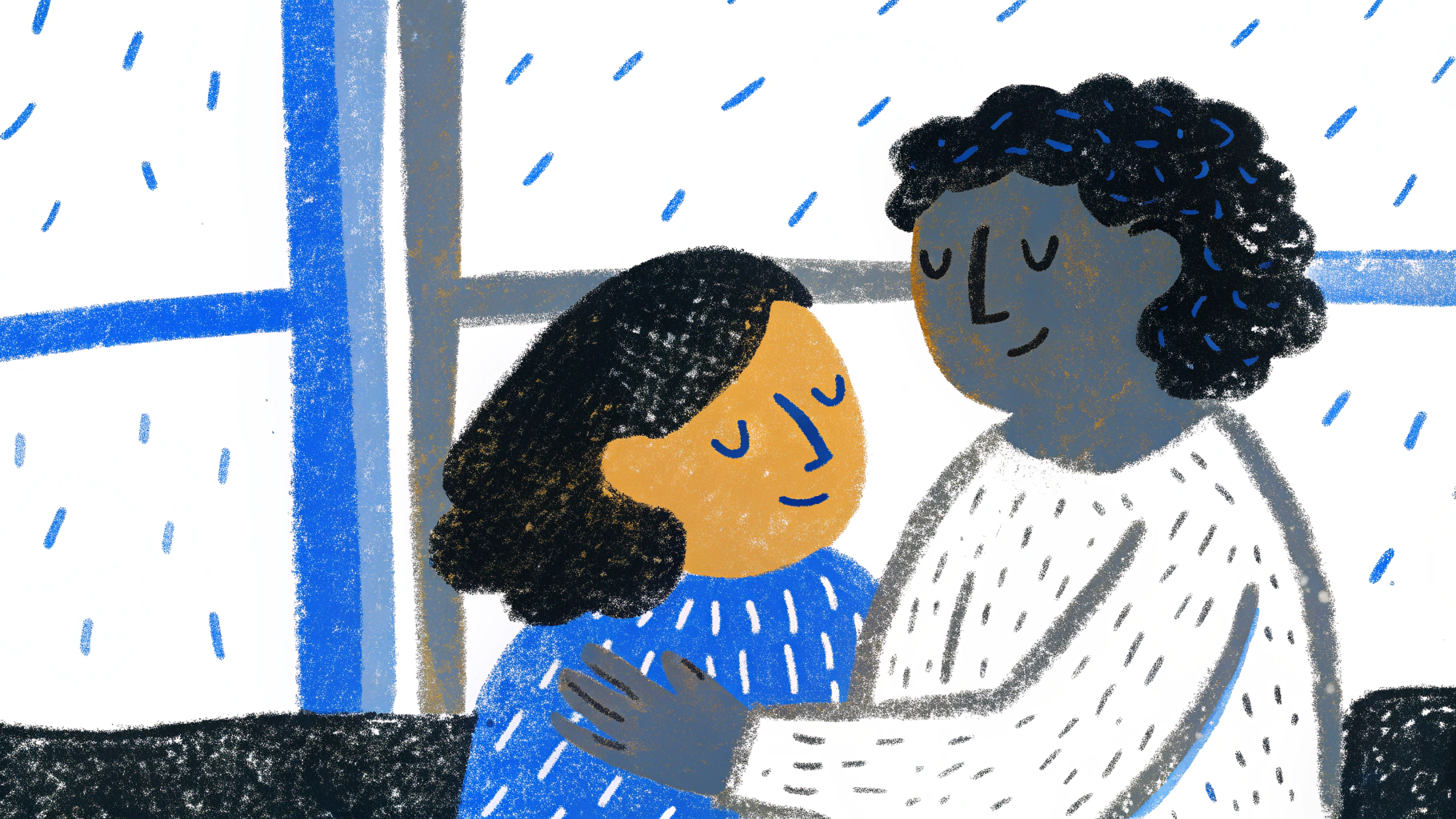 Warm illustration of two people showing caring gestures, representing thoughtful digital affection in long distance relationships