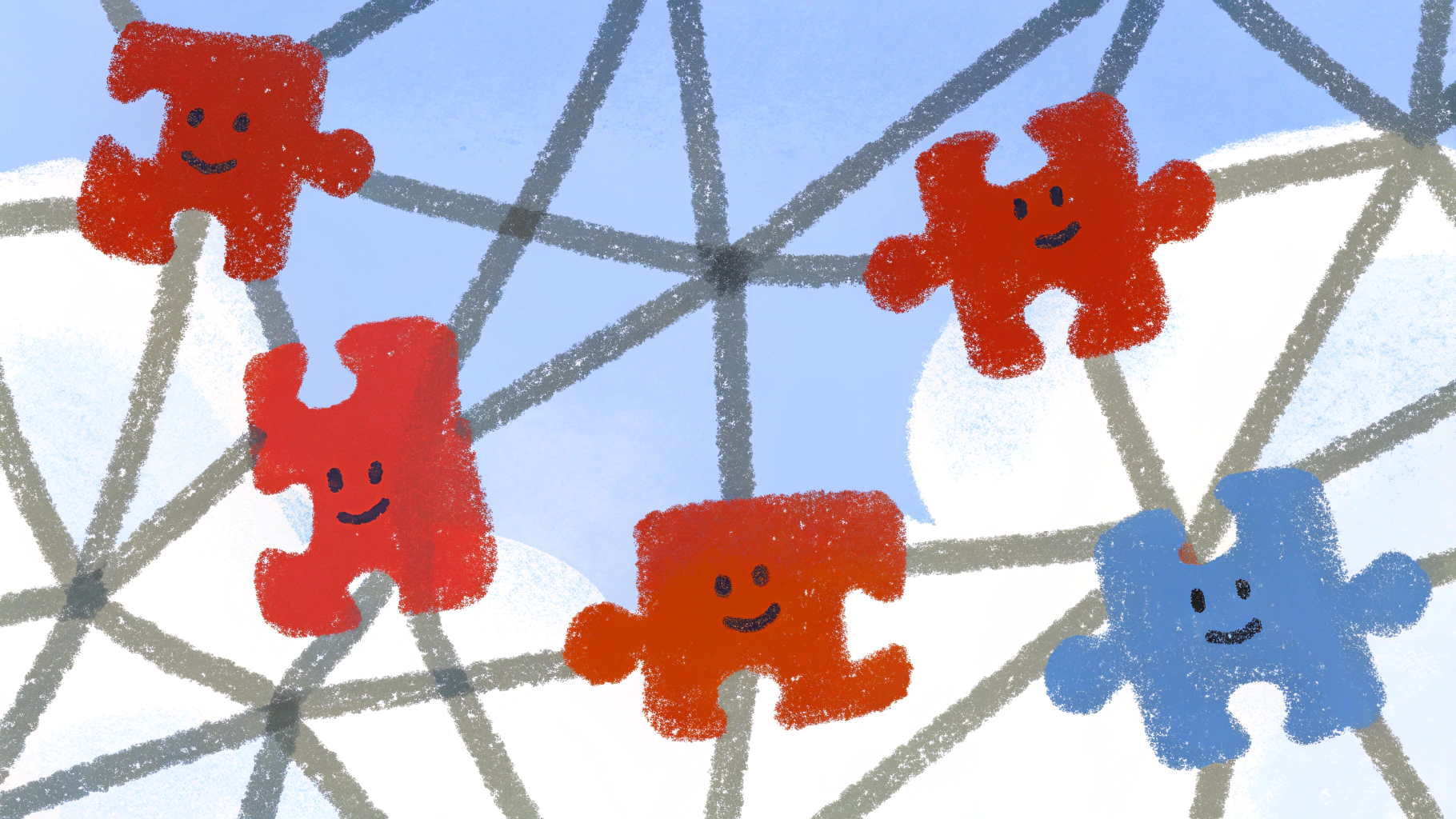 Playful illustration of puzzle pieces connecting, representing creative digital technology use in long distance relationships