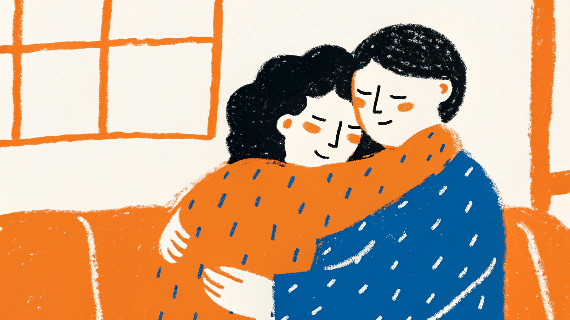 Tender illustration of two people in gentle embrace, representing maintaining intimacy and closeness in long distance relationships