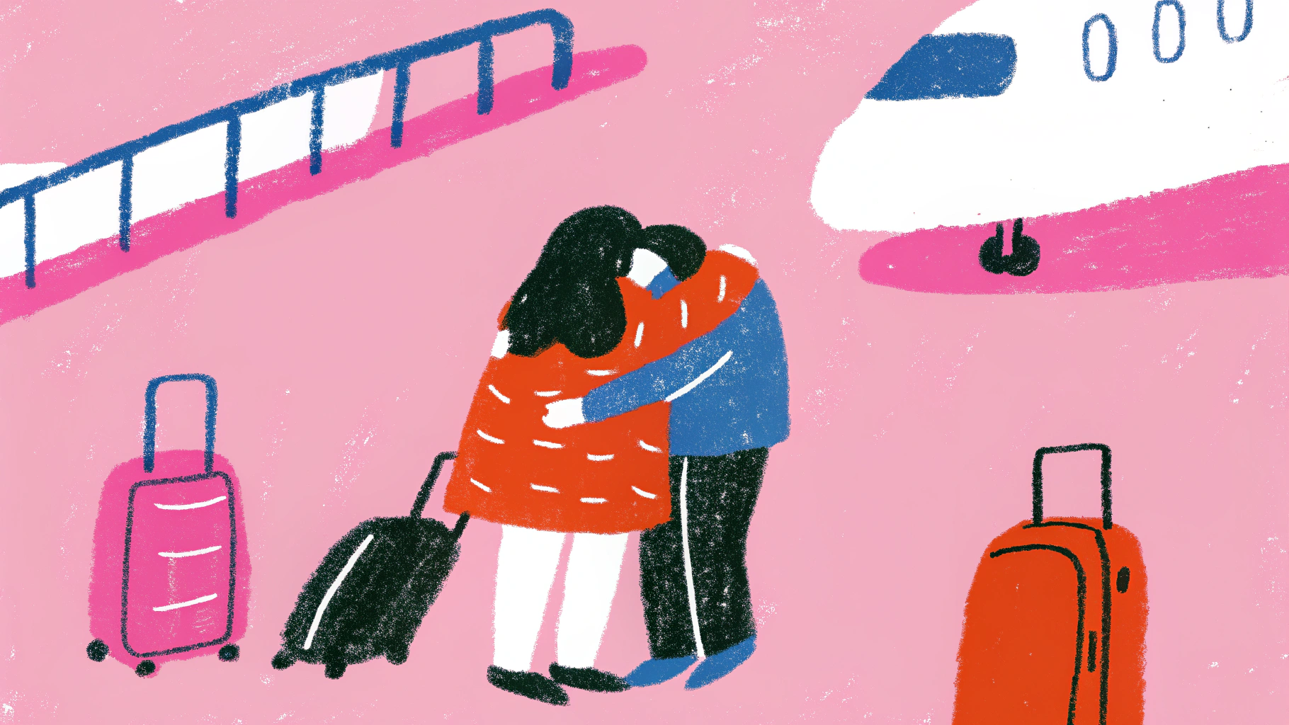 Couple embracing at airport terminal with luggage after long-distance separation