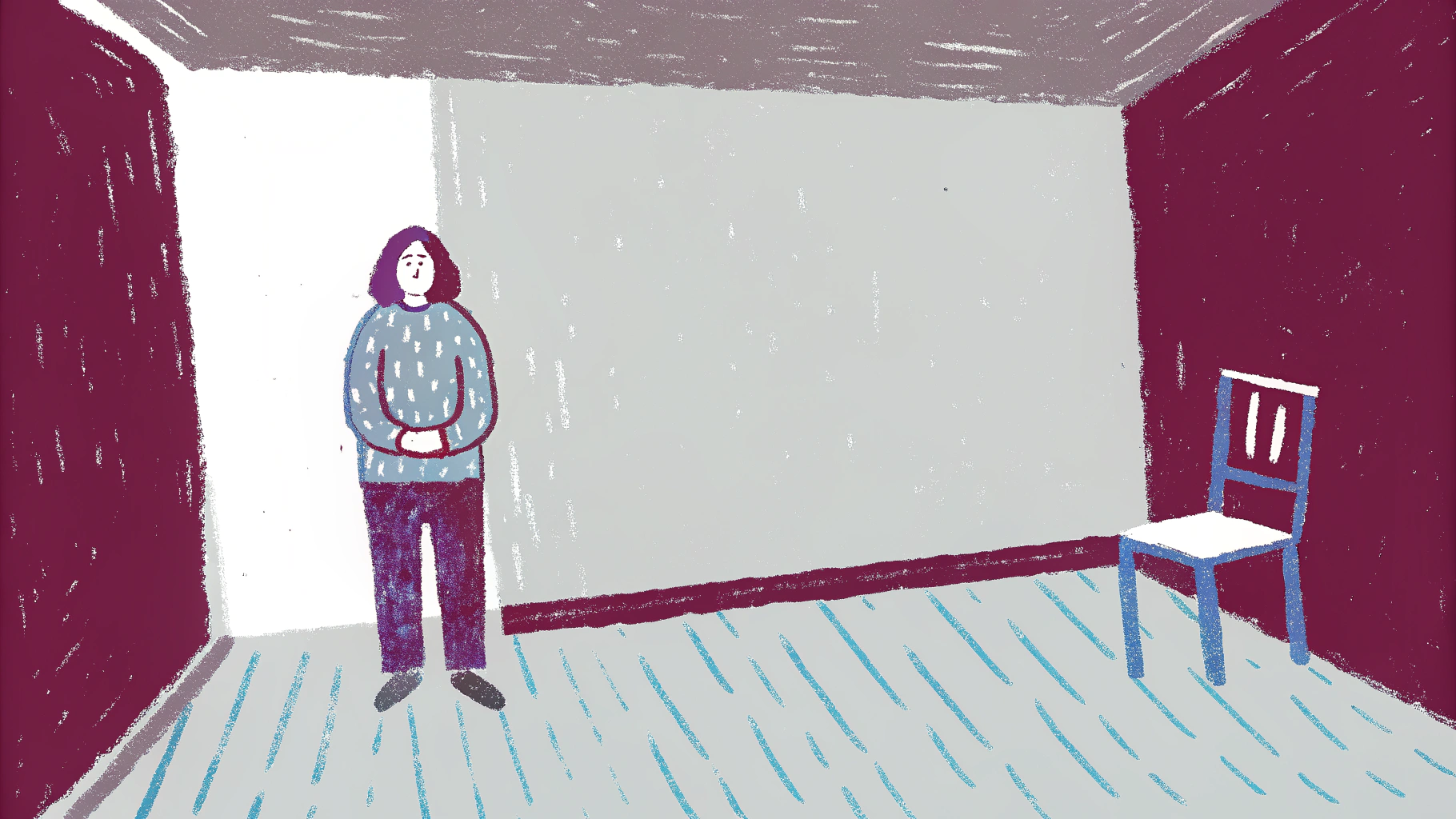 Person standing alone in sparse room with empty chair representing absence and loneliness after separation