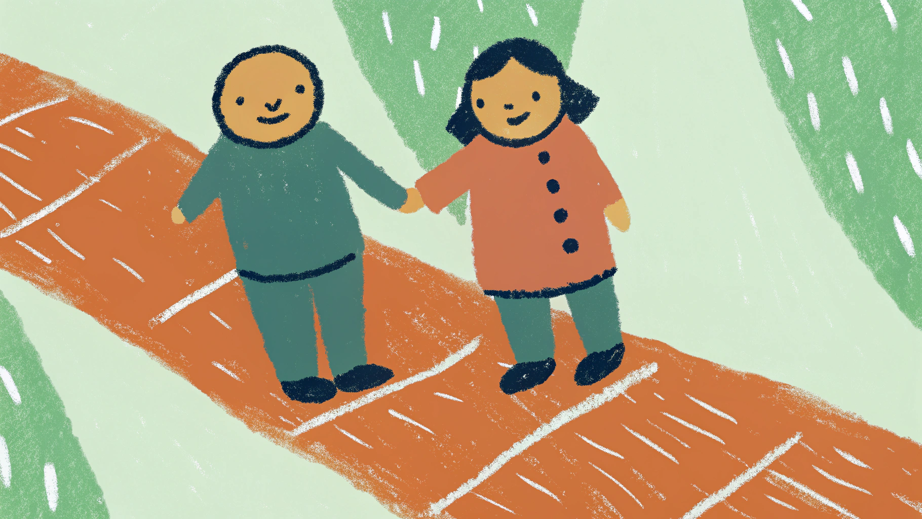 Two people holding hands on a path, taking their first steps together in a hand-drawn illustration style - representing the hopeful beginning of implementing long distance relationship activities
