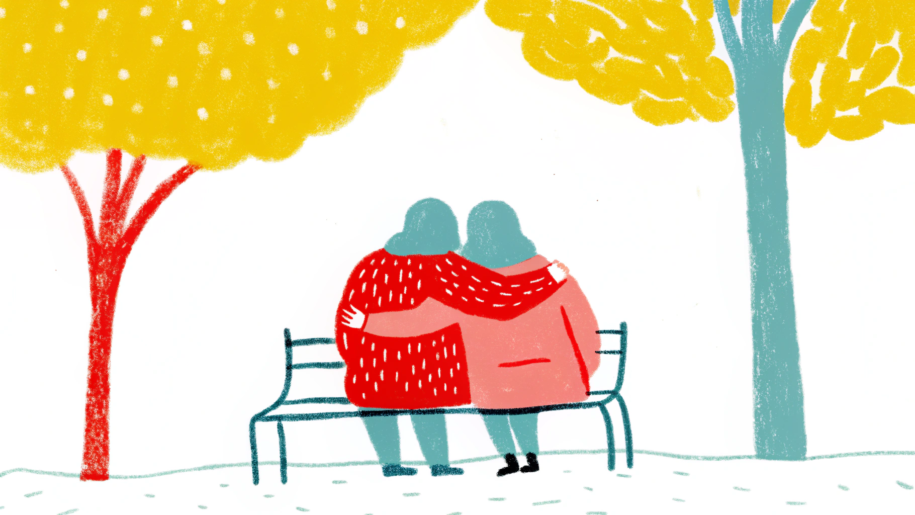 Warm hand-drawn illustration of figures in close embrace showing reassurance and emotional connection