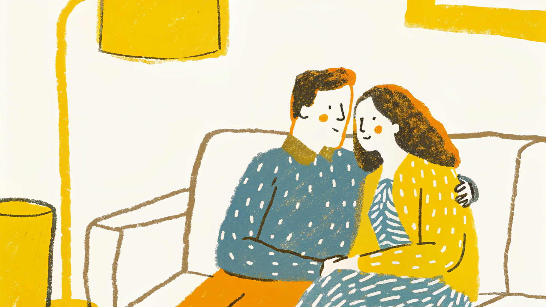 Couple sitting together on couch having intimate conversation, illustrated in warm hand-drawn style