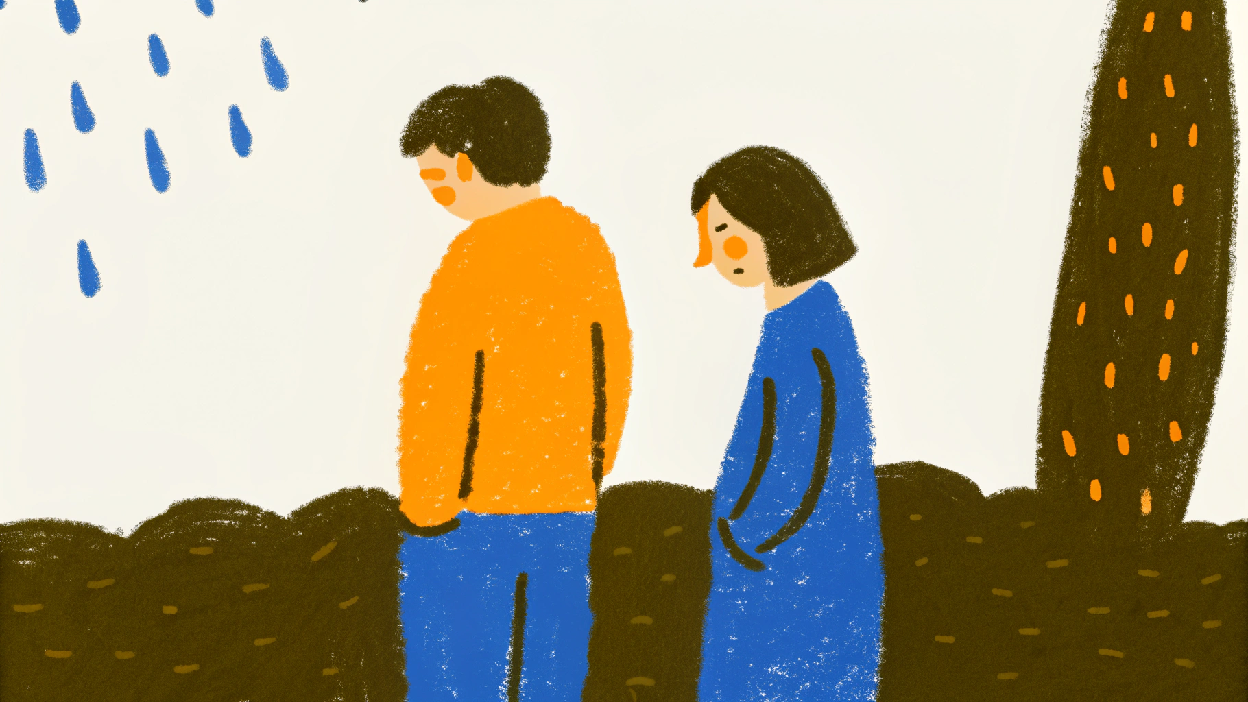 Two people standing with backs turned away from each other in melancholic hand-drawn illustration showing emotional distance