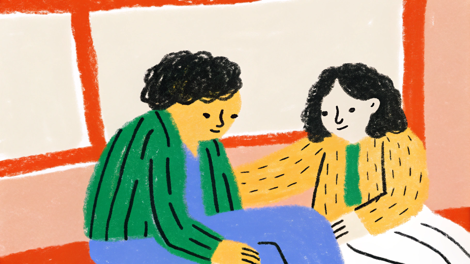 Two people sitting close together in warm engaged conversation, hand-drawn illustration showing connection and attentiveness