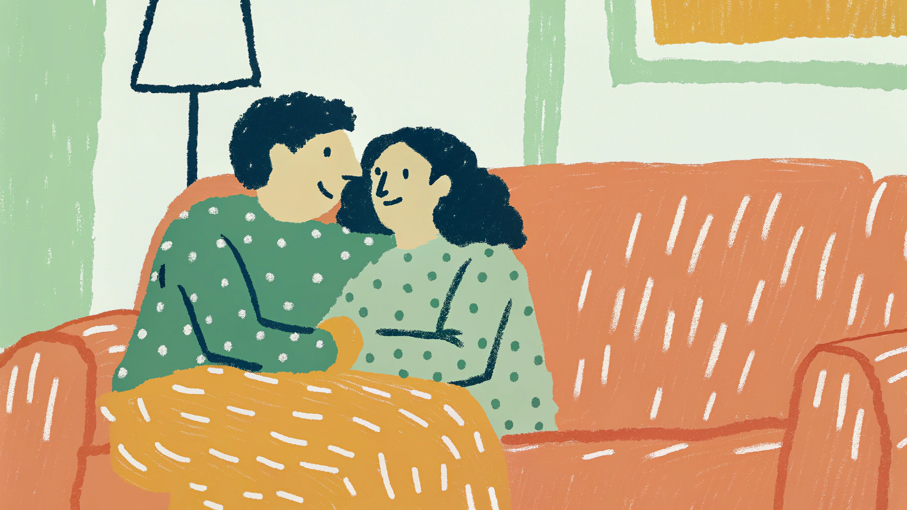 Couple sitting close together on couch engaged in warm, open conversation in cozy hand-drawn style