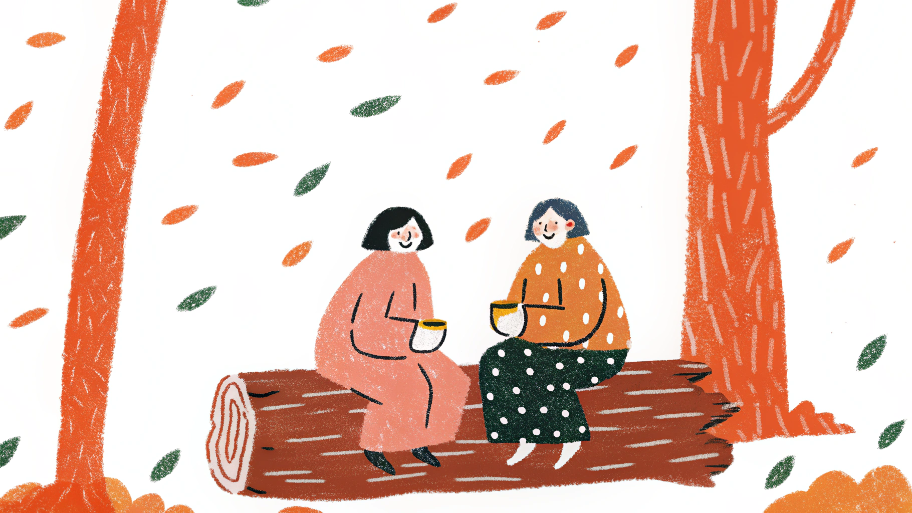 Two people having relaxed natural conversation outdoors with coffee in warm autumn setting