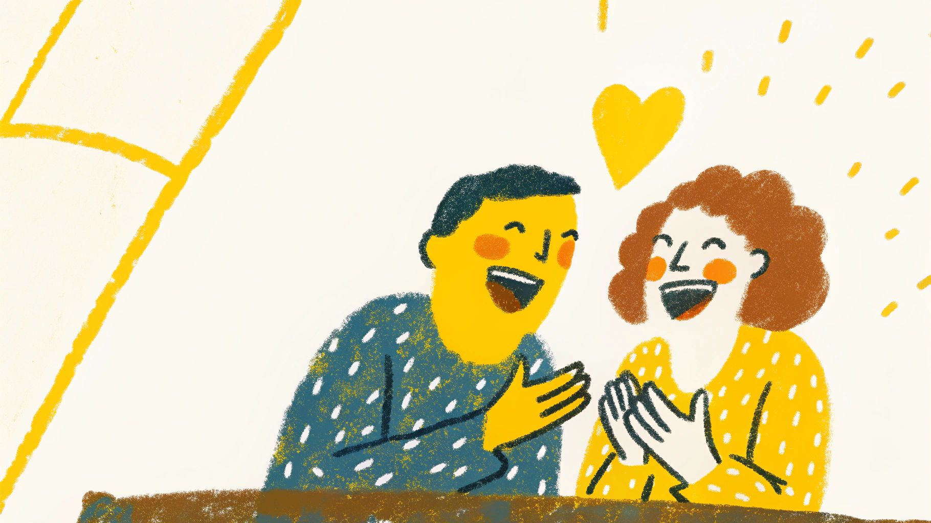 Couple laughing together playfully in joyful hand-drawn illustration showing lightness and fun