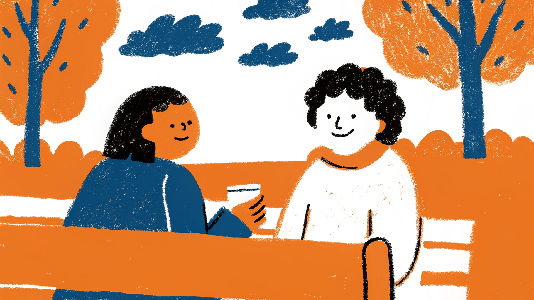 Hand-drawn illustration of couple having casual daily conversation over coffee in relaxed setting