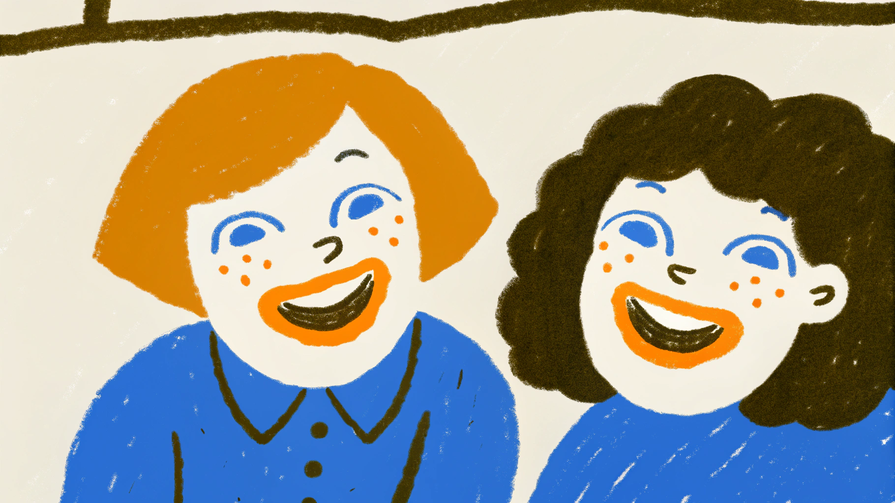 Hand-drawn illustration of couple with big genuine smiles and joyful laughter showing playful connection