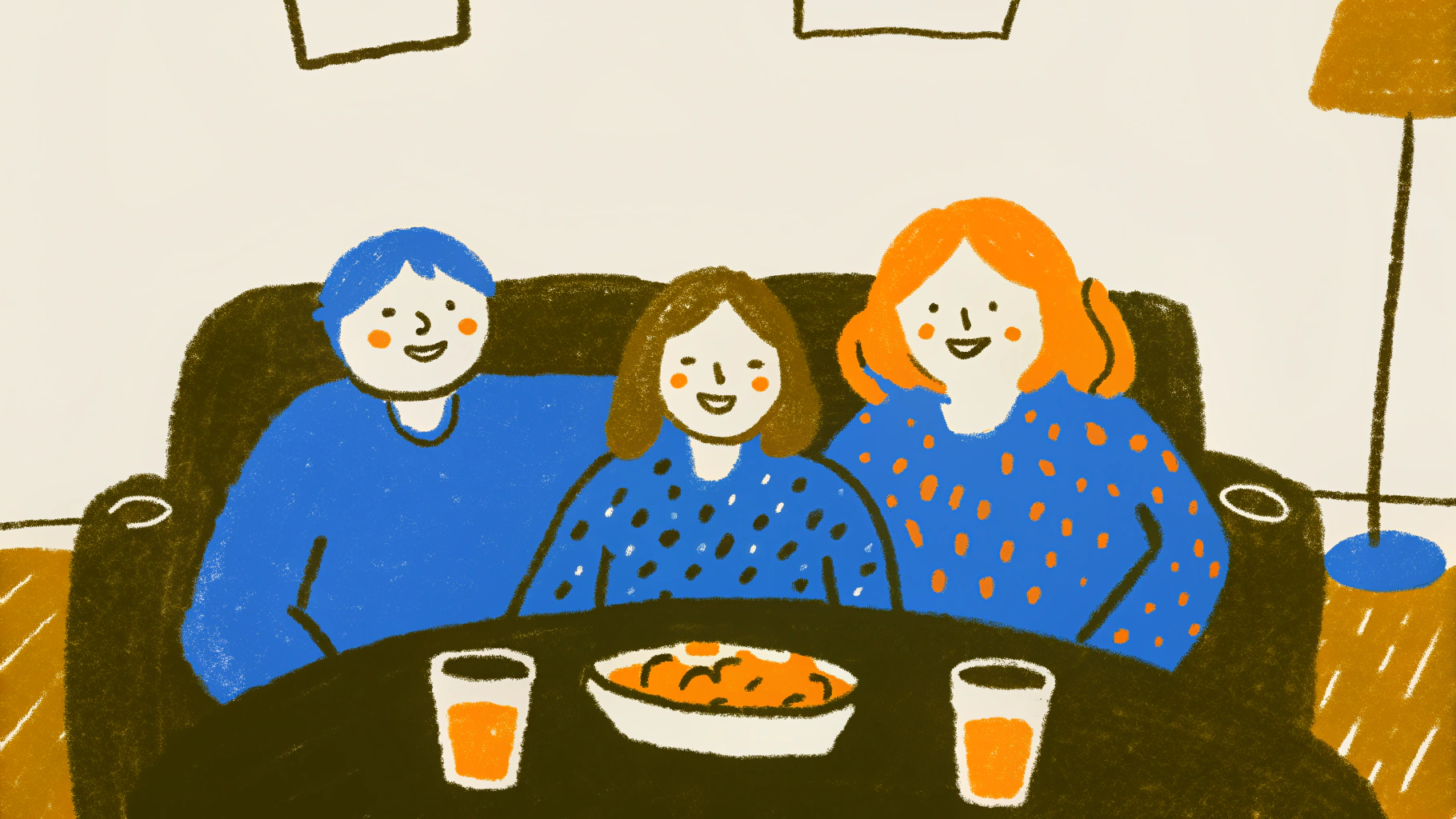 Hand-drawn illustration of friends sharing laughs and memories together on couch in cozy setting
