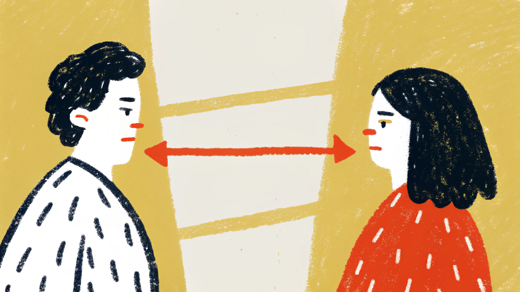 Couple facing each other with communication arrow symbolizing desire to reconnect in relationship