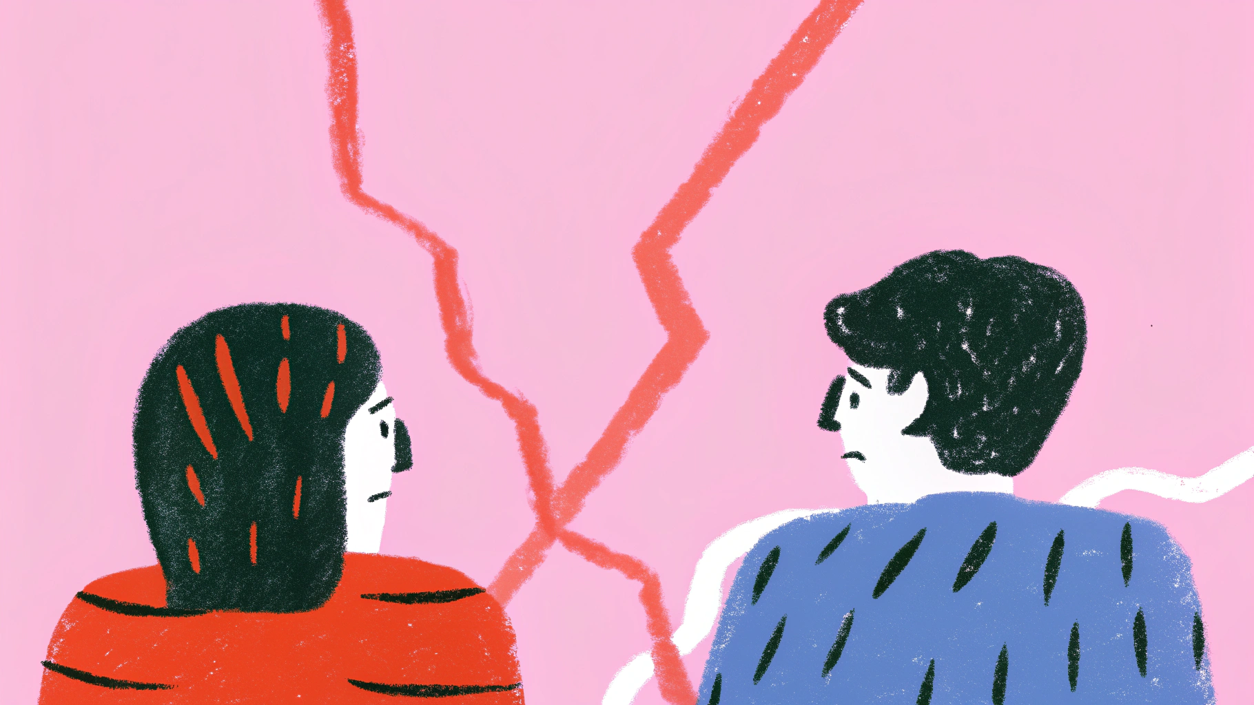 Two people facing away from each other with a fading spark between them symbolizing relationship disconnect