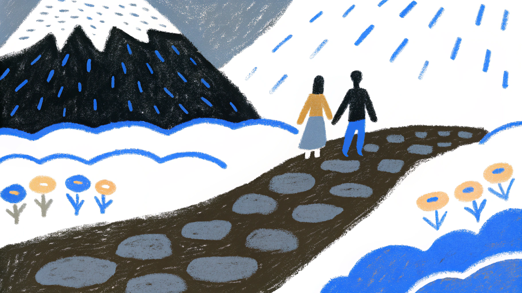 Couple walking together on journey path through challenges toward brighter future showing resilience